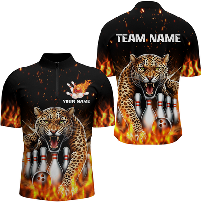 Custom Bowling Shirts Cheetah Bowling Quarter Zip Flames Bowling Jersey for Men QZT452