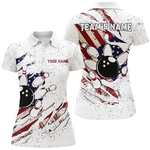 American Flag Bowling Shirt for Women Custom Bowling Team Jersey Polo Shirt QZT122