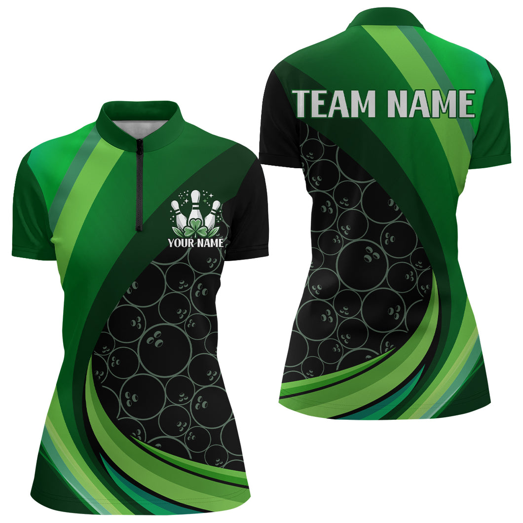 Lucky Bowling Shirt for Women St. Patrick Day Bowling Shirt Custom Green Quarter-Zip Team Shirt QZT224