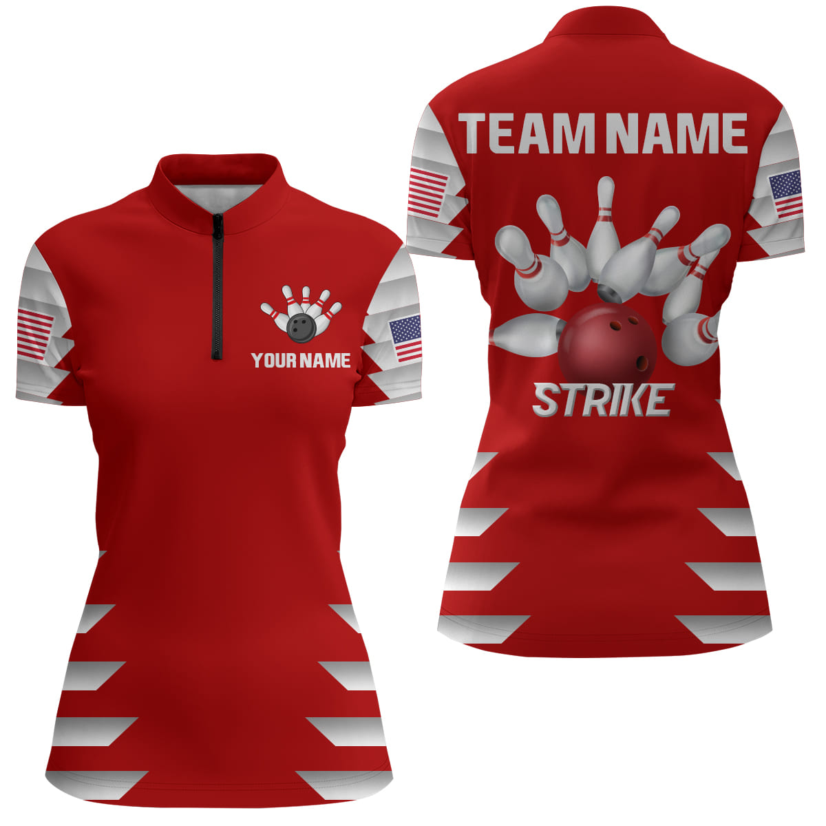 American Bowling Quarter-Zip Shirt for Women Custom Bowling Team Jersey Bowling Shirt QZT36