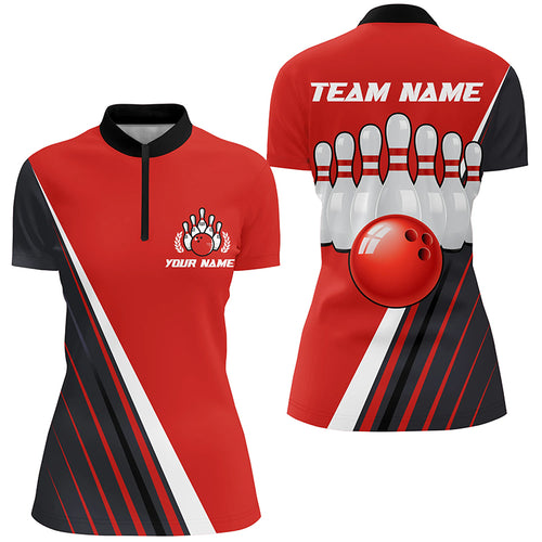 Custom Bowling Quarter-Zip Shirt For Women Red&Black Bowling Jersey Bowling Team League Shirts BDT211