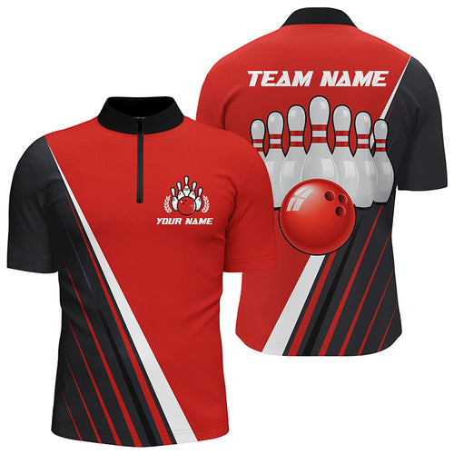 Custom Bowling Quarter-Zip Shirt For Men Red&Black Bowling Jersey Bowling Team League Shirts BDT210