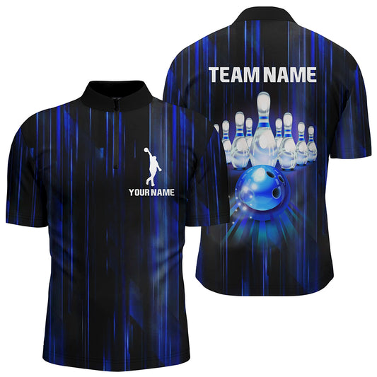 Custom Bowling Shirt For Men Blue 3D Bowling Jersey Team League Personalized Bowling 1/4 Zip Shirt BDT308