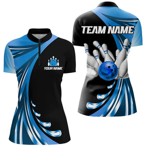 Personalized Blue Bowling Team Jersey For Men & Women Custom Quarter Zip Bowling Shirt BDT457