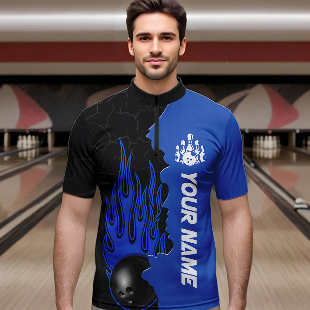 Blue Flame Bowling Quarter Zip Shirts Men & Women Custom Bowling Team League Jerseys BDT471
