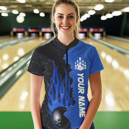 Blue Flame Bowling Quarter Zip Shirts Men & Women Custom Bowling Team League Jerseys BDT471