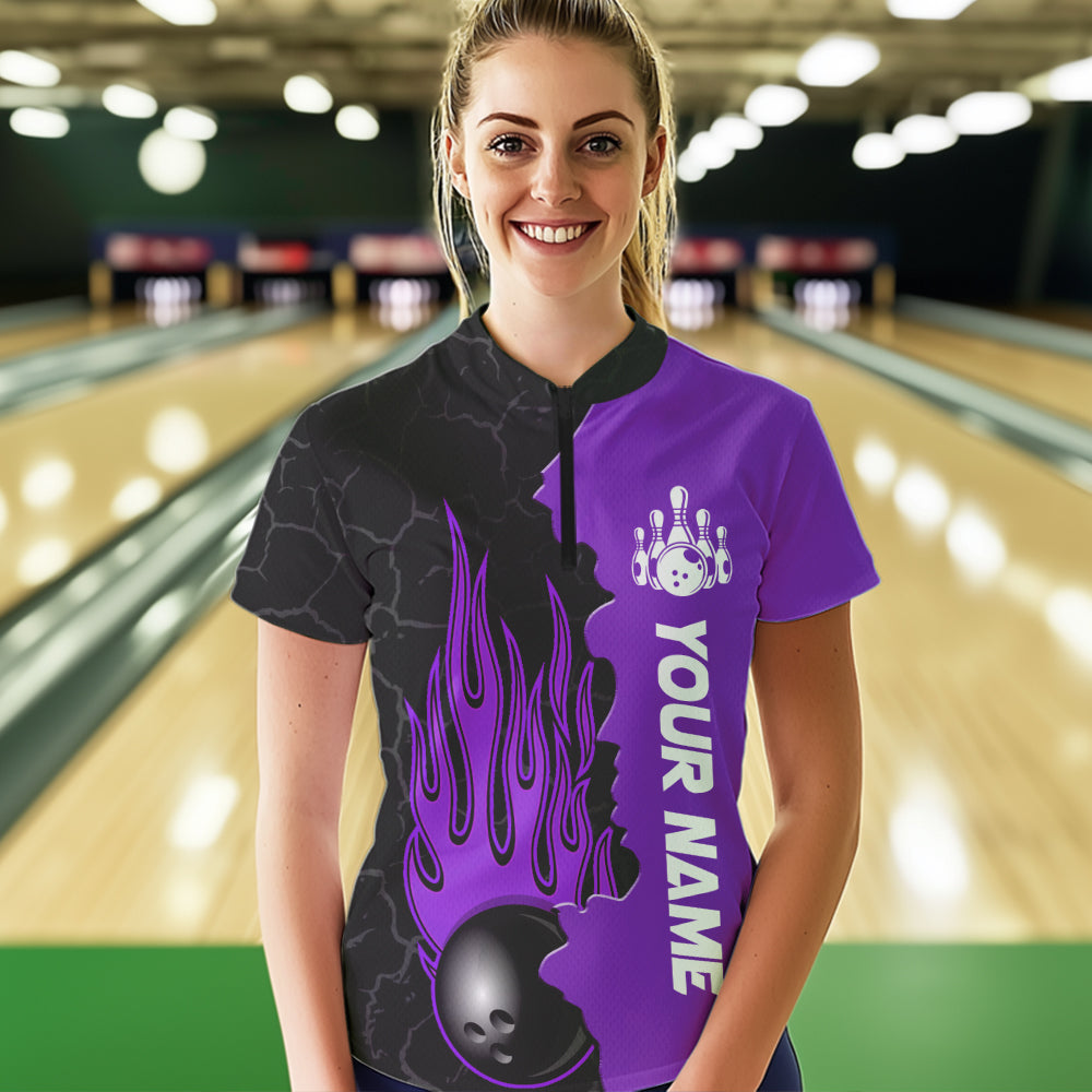 Purple Flame Bowling Quarter Zip Shirts Men & Women Custom Bowling Team League Jerseys BDT471