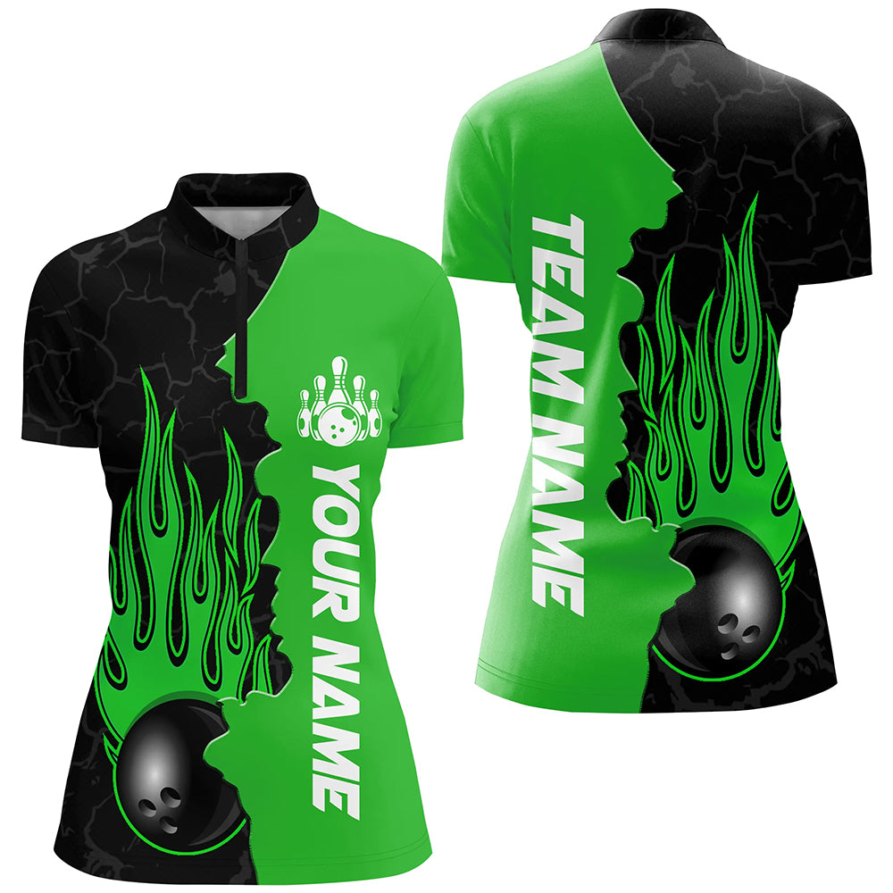 Green Flame Bowling Quarter Zip Shirts Men & Women Custom Bowling Team League Jerseys BDT471