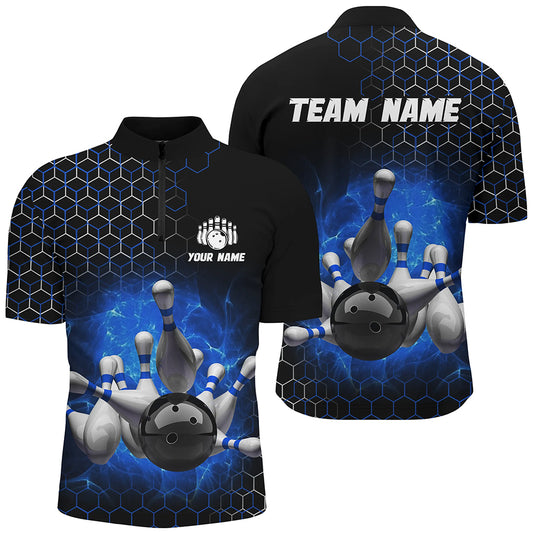 Personalized Blue Bowling Jersey Men and Women Custom Bowling Quarter-Zip Shirt Team BDT490