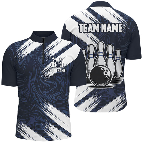 Navy&White Bowling Shirt For Men & Women Custom Bowling Team Jersey 1/4 Zip Bowling Shirt Unisex BDT580