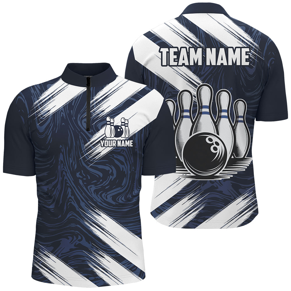 Navy&White Bowling Shirt For Men & Women Custom Bowling Team Jersey 1/4 Zip Bowling Shirt Unisex BDT580