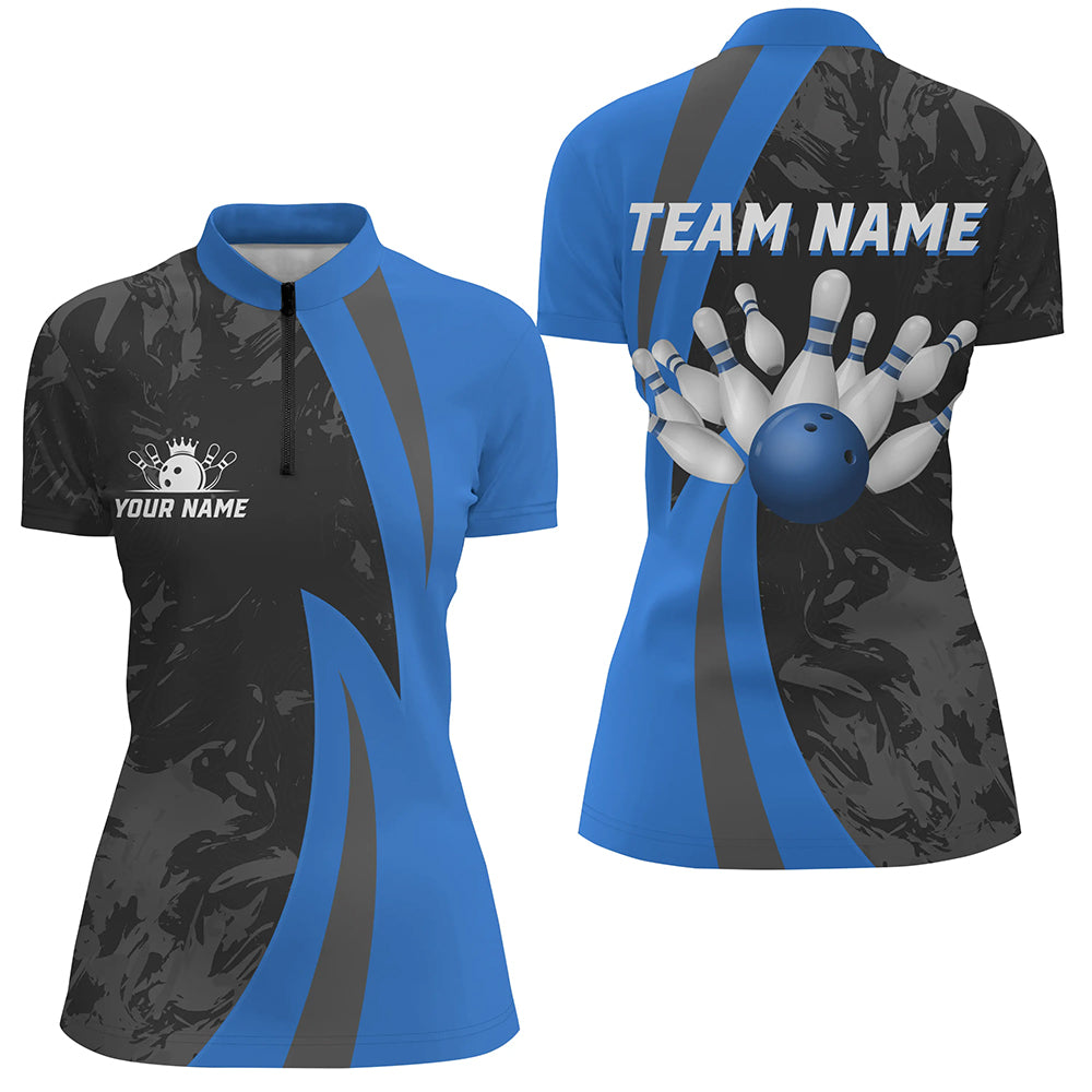 Custom Bowling Shirt Men Women Blue Camo Bowling Team Jersey 1/4 Zip Bowling Shirts Unisex BDT592