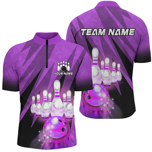 Custom Purple Bowling Shirt For Couple 1/4 Zip Bowling Team Jersey Men Women Bowler Gift BDT501