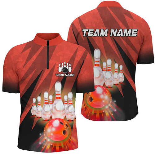 Custom Red Bowling Shirt For Couple 1/4 Zip Bowling Team Jersey Men Women Bowler Gift BDT501