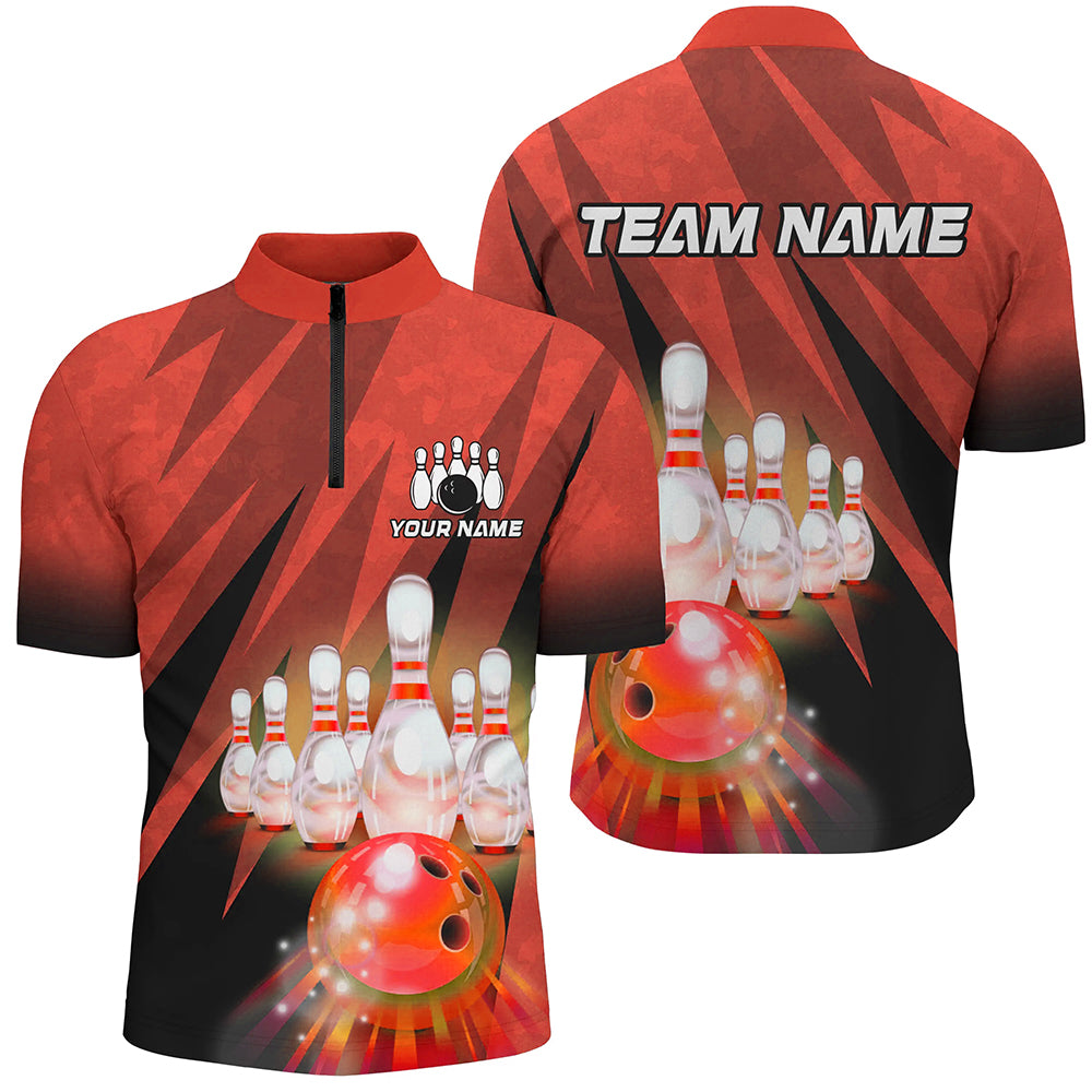 Custom Red Bowling Shirt For Couple 1/4 Zip Bowling Team Jersey Men Women Bowler Gift BDT501