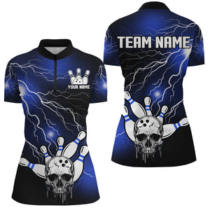 Skull Bowling 1/4 Zip Shirt For Men & Women Light Thunder Blue Bowling Team Jersey Halloween BDT541