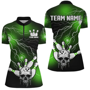 Skull Bowling 1/4 Zip Shirt For Men & Women Light Thunder Green Bowling Team Jersey Halloween BDT541