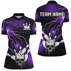 Skull Bowling 1/4 Zip Shirt For Men & Women Light Thunder Purple Bowling Team Jersey Halloween BDT541