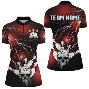 Skull Bowling 1/4 Zip Shirt For Men & Women Light Thunder Red Bowling Team Jersey Halloween BDT541