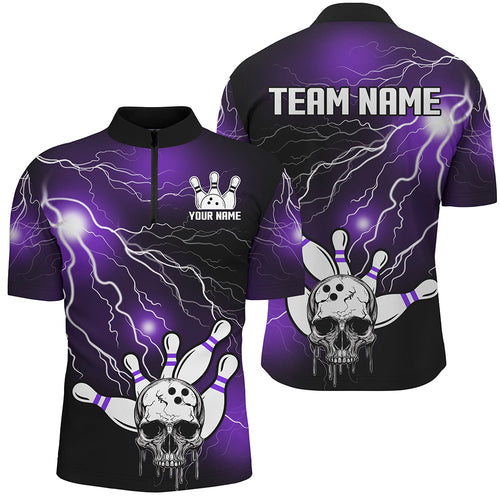 Skull Bowling 1/4 Zip Shirt For Men & Women Light Thunder Purple Bowling Team Jersey Halloween BDT541