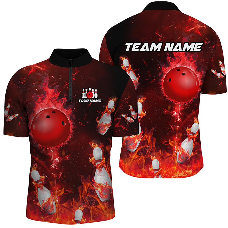 Red Flame Bowling Shirts Men & Women Custom Bowling Team Jersey 1/4 Zip Bowling Uniform BDT529