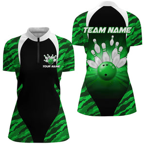 Green Camo Bowling Shirts Men Women Bowling Jersey Unisex Custom 1/4 Zip Bowling Team Shirt BDT597