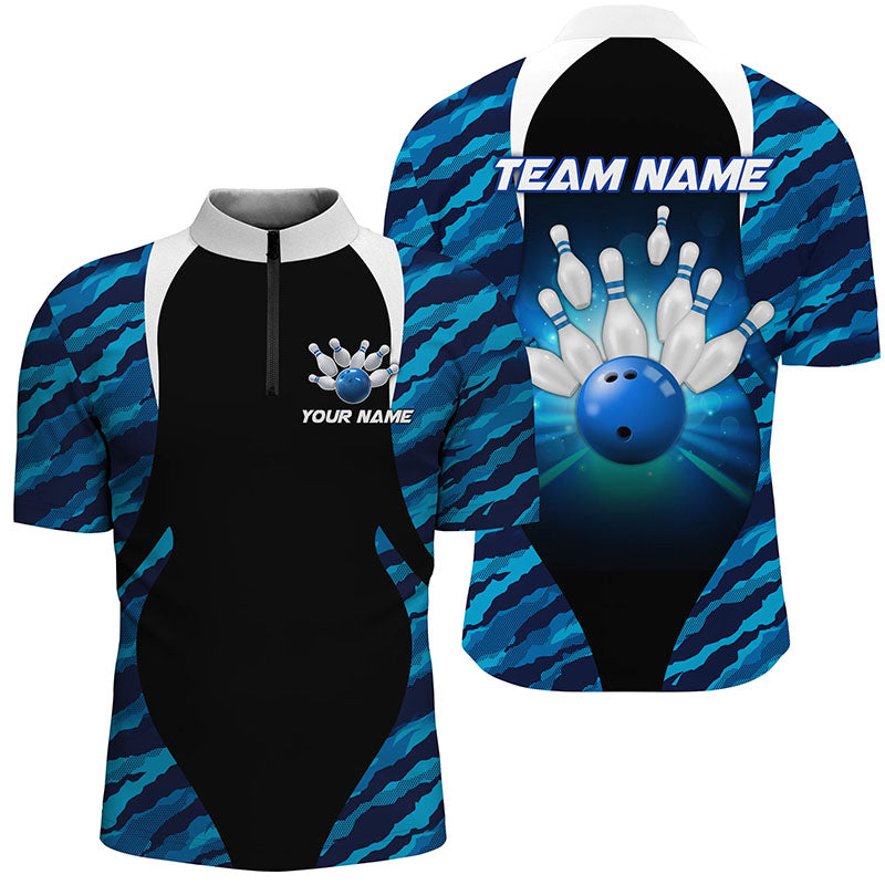 Blue Camo Bowling Shirts Men Women Bowling Jersey Unisex Custom 1/4 Zip Bowling Team Shirt BDT597