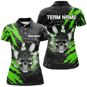 Skull Bowling Polo Shirt For Men & Women Custom Halloween Bowling Team Jersey Green BDT538