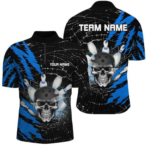 Skull Bowling Quarter-Zip Shirt For Men & Women Custom Halloween Bowling Team Jersey Blue BDT538
