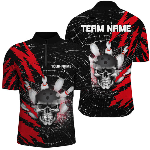 Skull Bowling Quarter-Zip Shirt For Men & Women Custom Halloween Bowling Team Jersey Red BDT538