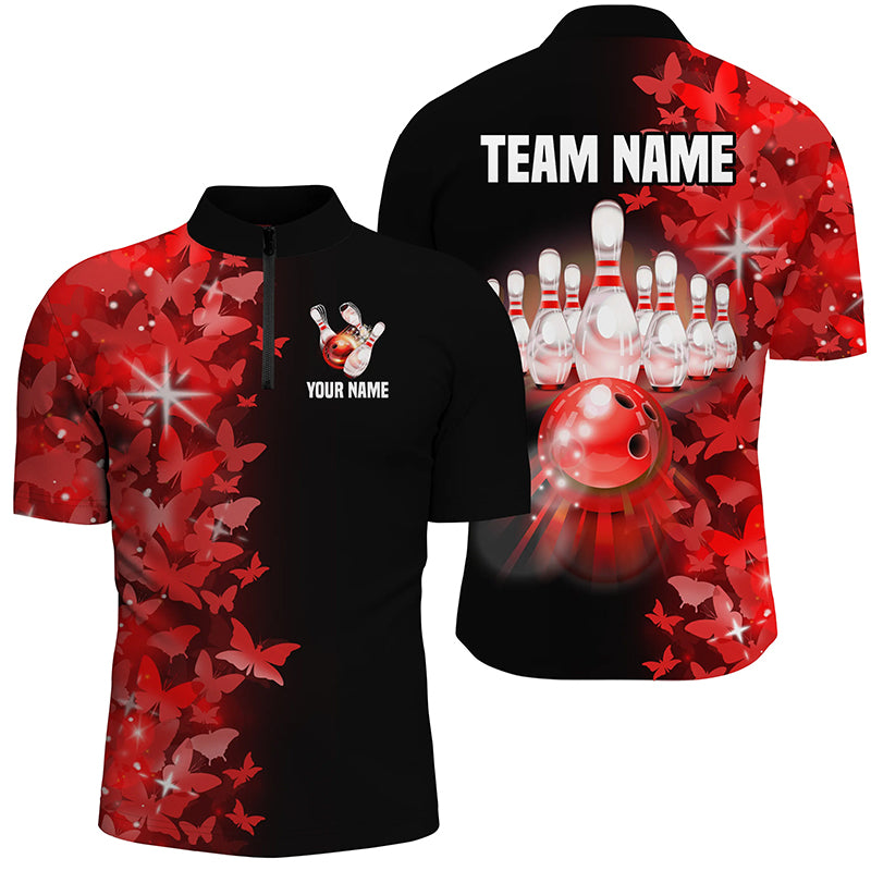 Red Butterfly Bowling Shirts For Men Women Custom 1/4 Zip Bowling Jersey Team BDT505