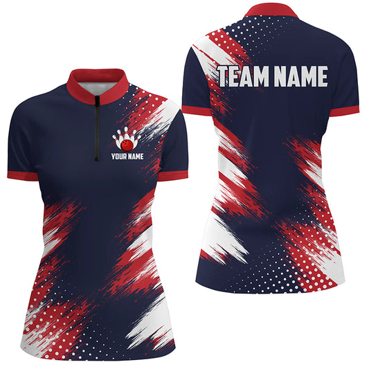Red Blue White Bowling Shirt For Men & Women Custom Patriotic Bowling Team Jersey 1/4 Zip BDT544