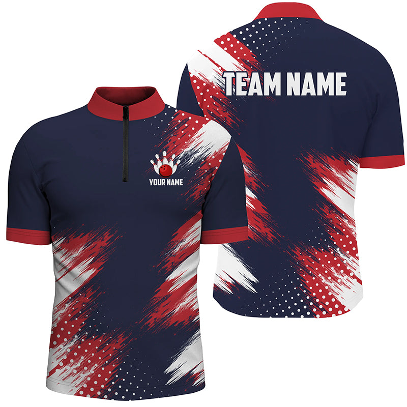 Red Blue White Bowling Shirt For Men & Women Custom Patriotic Bowling Team Jersey 1/4 Zip BDT544