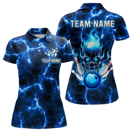 Skull Bowling Shirt For Men Women Custom Polo Bowling Team Jersey Lightning Blue BDT494