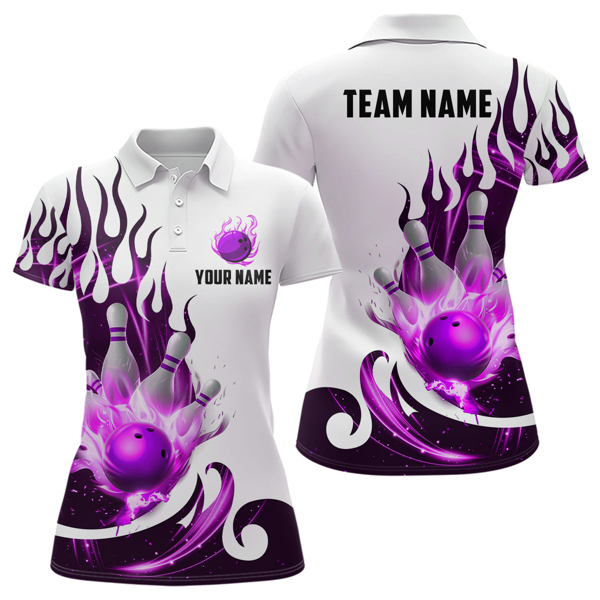 White&Purple Bowling Shirts For Men & Women Custom Flame Bowling Team Jersey Polo BDT537