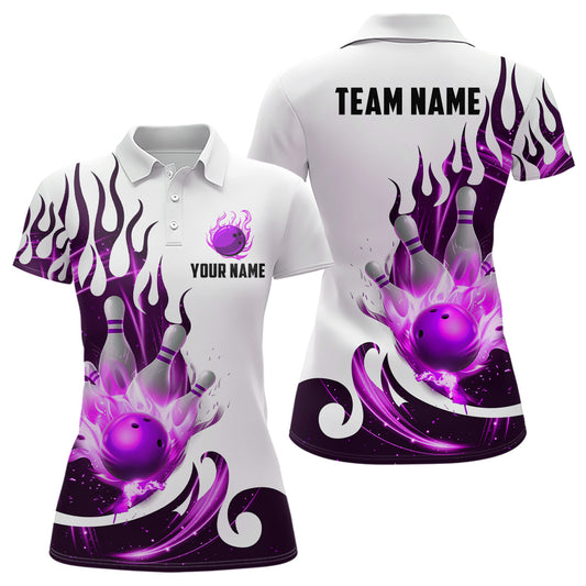 White&Purple Bowling Shirts For Men & Women Custom Flame Bowling Team Jersey Polo BDT537