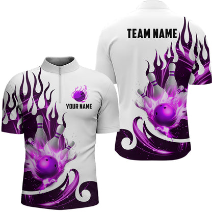 White&Purple Bowling Shirts For Men & Women Custom Flame Bowling Team Jersey Quarter-Zip BDT537