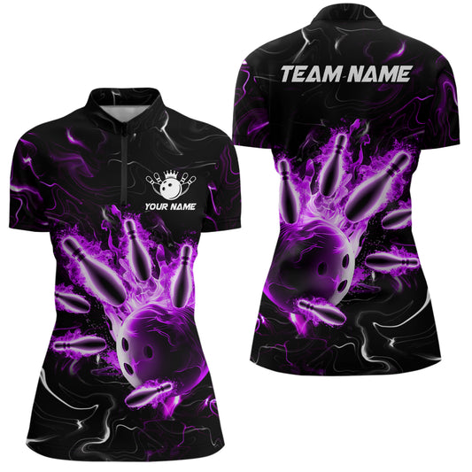 Custom Purple Flames Bowling Shirt For Men & Women 1/4 Zip Bowling Team Jersey Unisex BDT542