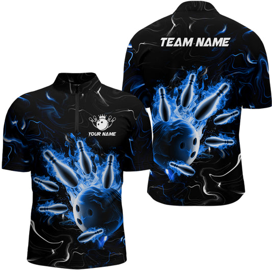 Custom Blue Flames Bowling Shirt For Men & Women 1/4 Zip Bowling Team Jersey Unisex BDT542