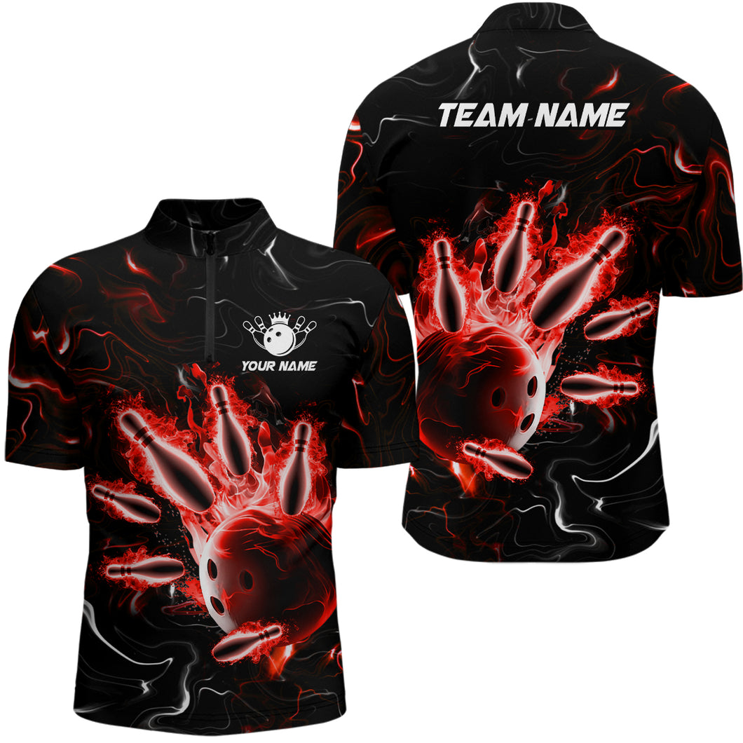 Custom Red Flames Bowling Shirt For Men & Women 1/4 Zip Bowling Team Jersey Unisex BDT542