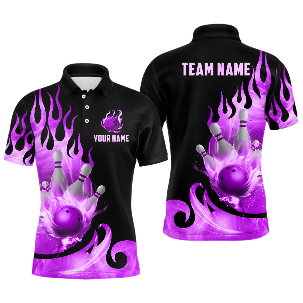 Custom Black & Purple Bowling Shirts For Men & Women Flame Bowling Team Jersey Polo BDT536