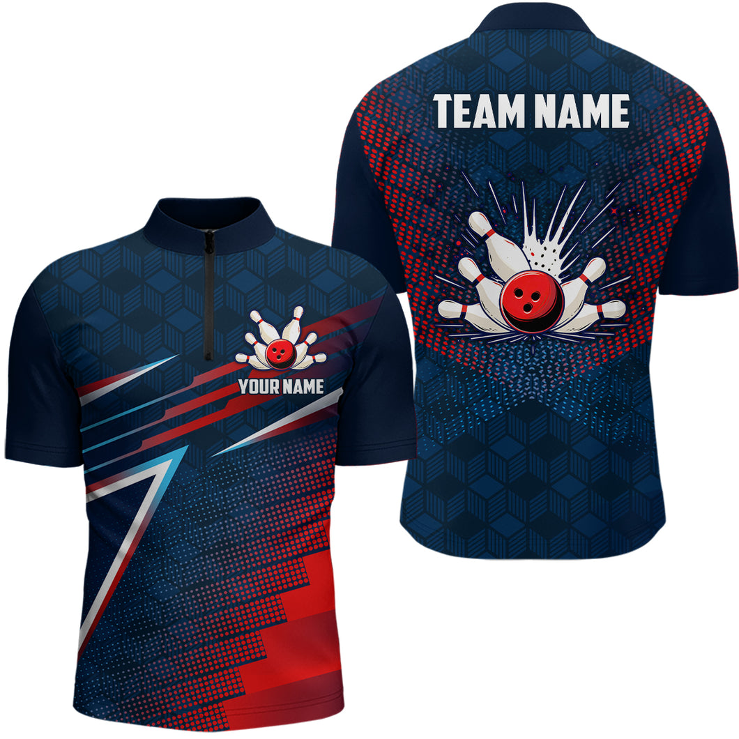 Navy&Red Bowling Shirt Unisex Custom Bowling Team Jersey Men & Women 1/4 Zip Bowling Outfit BDT573