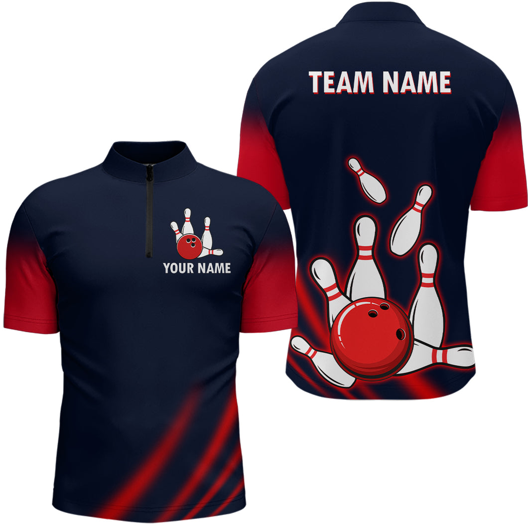 Custom Navy Bowling Shirt For Men & Women American Bowling Team Jersey 1/4 Zip Bowling Outfit BDT574