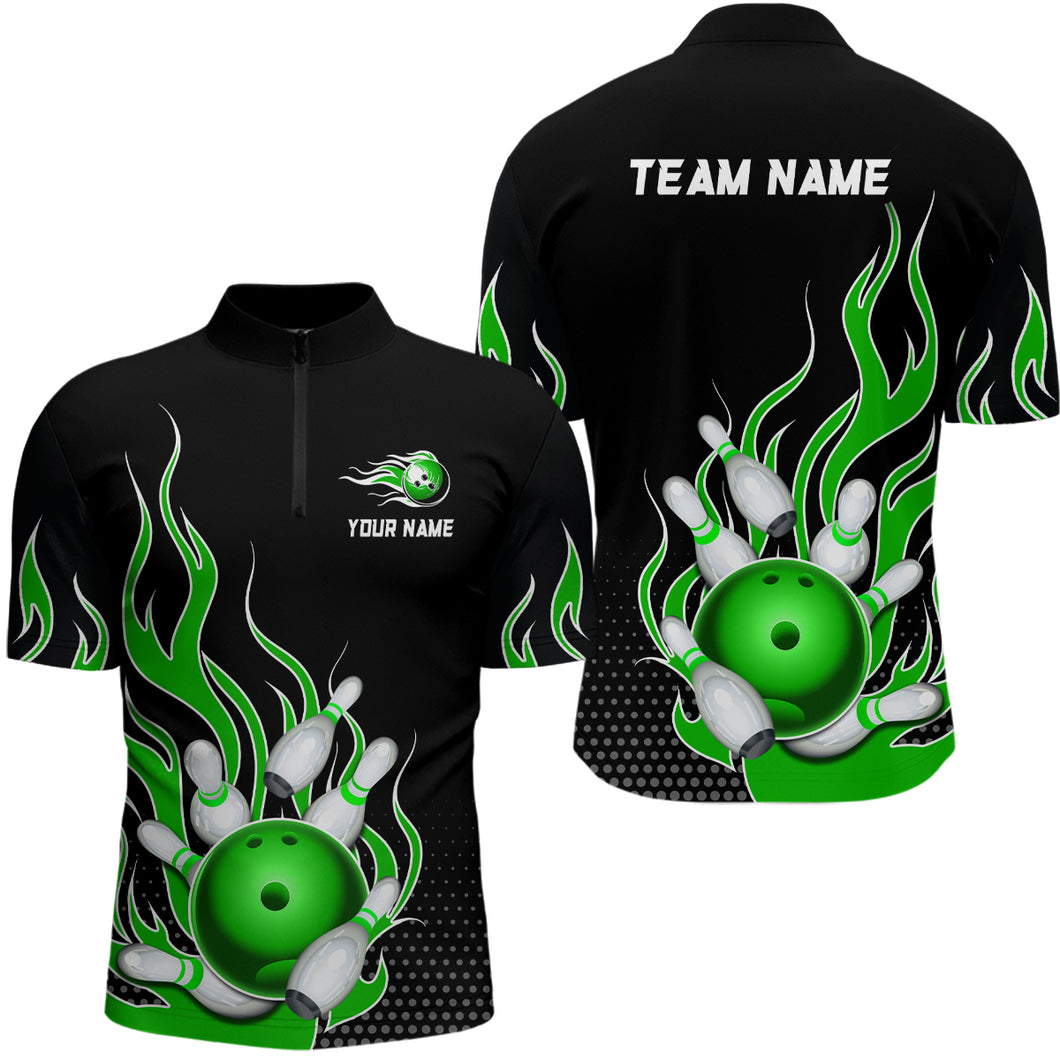 Green Flame Bowling Quarter Zip Shirts for Men And Women Custom Bowling Team Jerseys Unisex BDT477