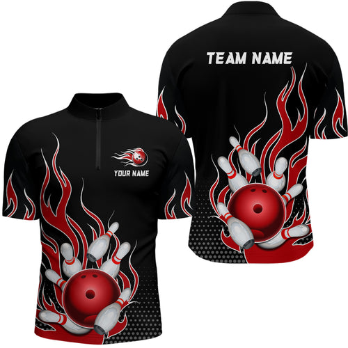 Red Flame Bowling Quarter Zip Shirts for Men And Women Custom Bowling Team Jerseys Unisex BDT477