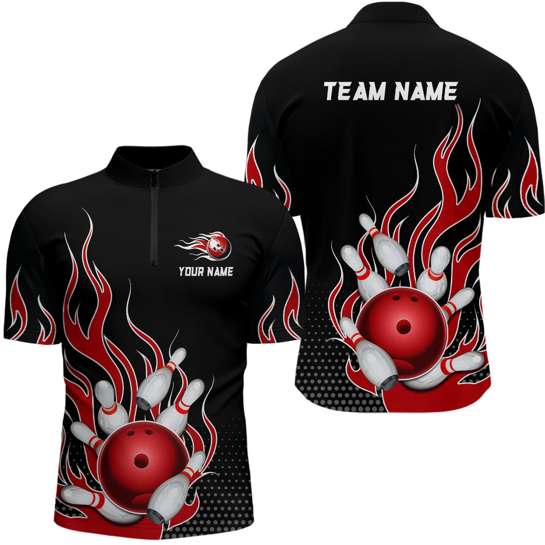 Red Flame Bowling Quarter Zip Shirts for Men And Women Custom Bowling Team Jerseys Unisex BDT477