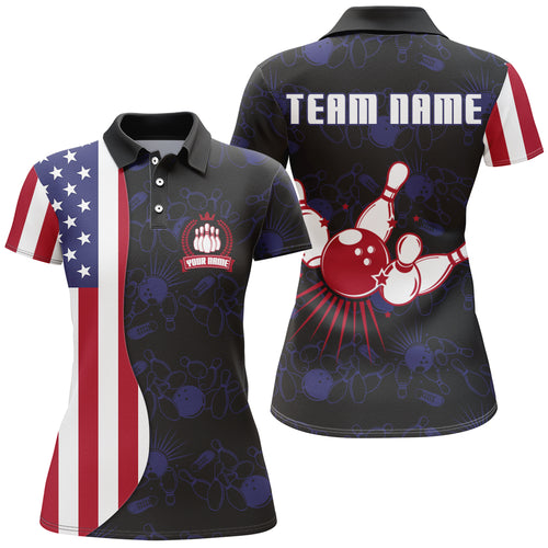 American Flag Bowling Polo Shirt Custom Navy Bowling Jersey Women Patriotic Bowling Shirt BDT264