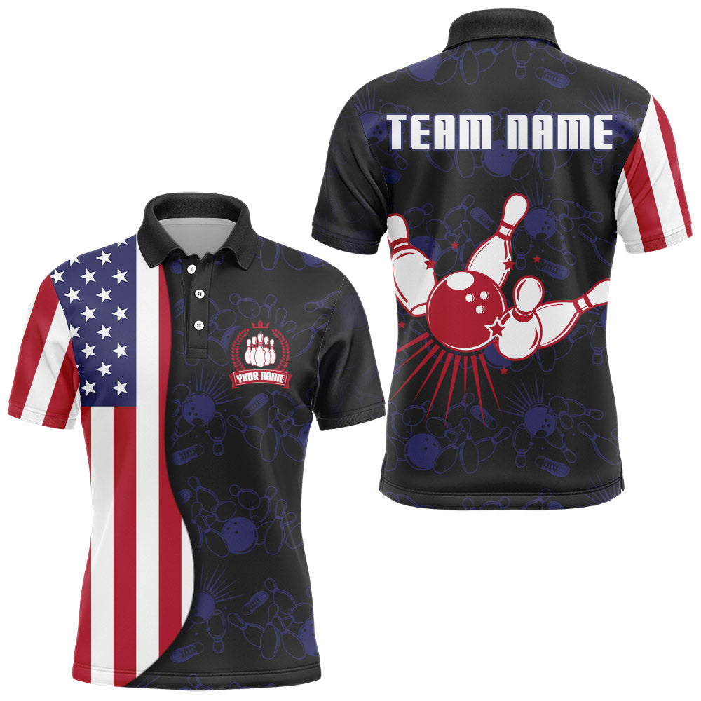 American Flag Bowling Polo Shirt Custom Navy Bowling Jersey Men Patriotic Bowling Shirt BDT264