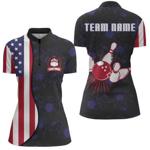 American Flag Bowling Quarter-Zip Shirt Custom Navy Bowling Jersey Women Patriotic Bowling Shirt BDT264