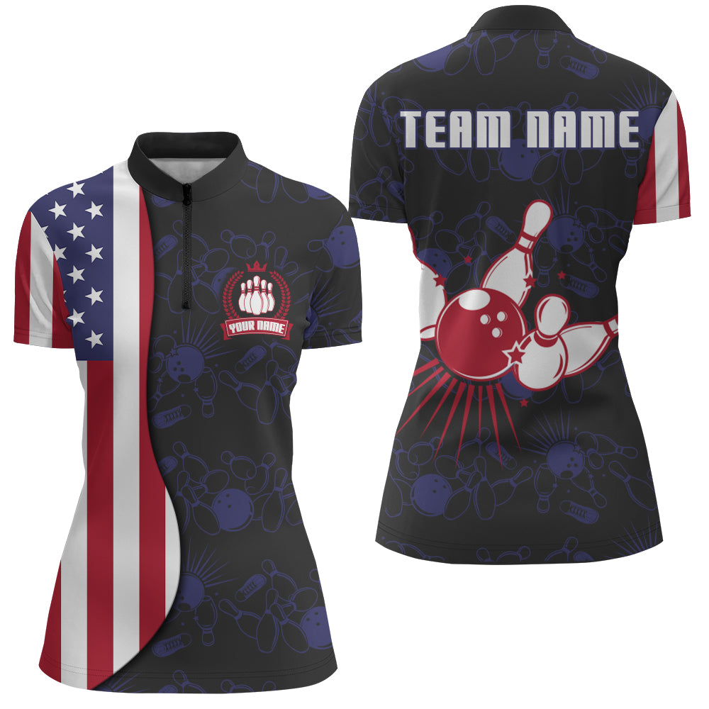 American Flag Bowling Quarter-Zip Shirt Custom Navy Bowling Jersey Women Patriotic Bowling Shirt BDT264